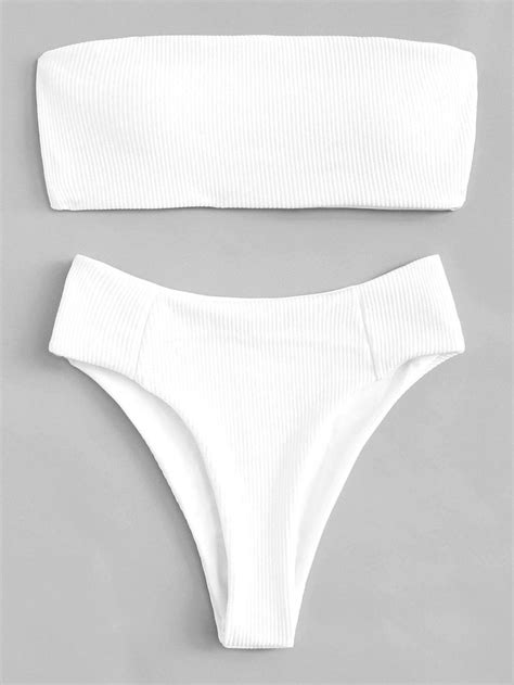 White Swimsuit Ribbed Bandeau Top With High Leg Bikini Bottom Bikinis