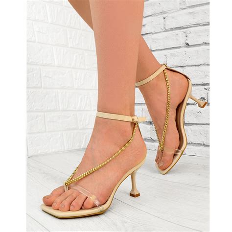Womens Low Heel Gold Chain High Heels Sandals Strappy Perspex Fashion Shoes Size Ebay