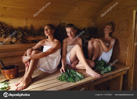 Three Girls Relaxing In Sauna Stock Photo Svetography
