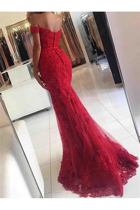 Long Red Beaded Lace Off The Shoulder Mermaid Prom Formal Evening Party