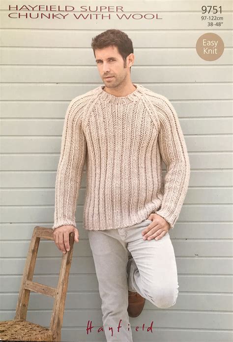 Mens Round Neck Sweater Knitting Pattern For Super Chunky Yarn Raglan Sleeve Hayfield 9751