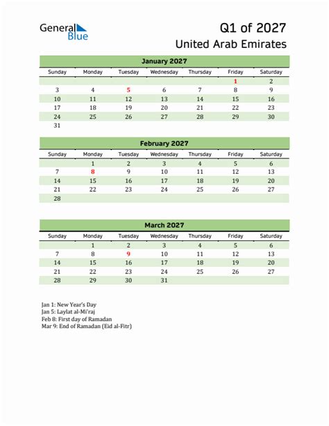 Q1 2027 Quarterly Calendar With United Arab Emirates Holidays