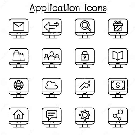 Computer Application Icon Set In Thin Line Style Stock Vector