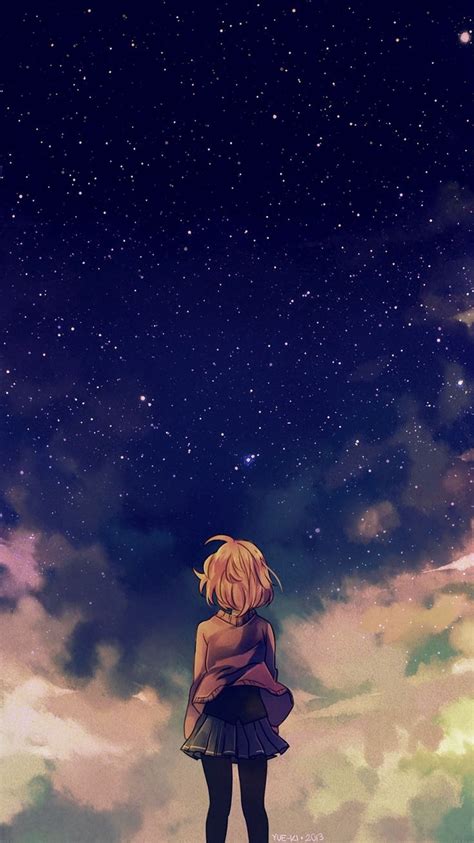 Anime Girl Under Sky Beautiful Stars Iphone Wallpaper