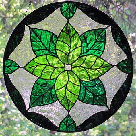 Stained Glass Green Leaves Round Suncatcher Panel Etsy Stained