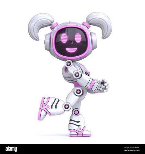 Cute Pink Girl Robot Posing 3d Rendering Illustration Isolated On White