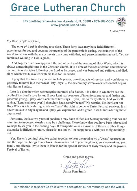 Easter Letter To Congregation Grace Lutheran Church