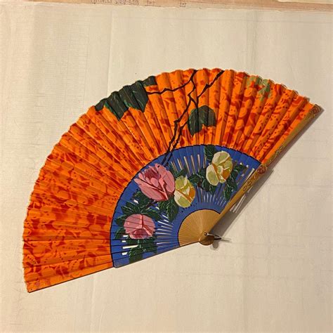 Hand Painted Hand Held Extra Large Vintage Asian Folding Fan