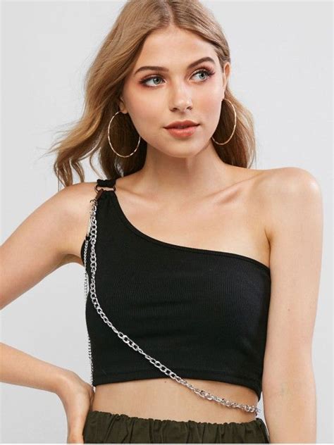 26 Off 2021 Chains One Shoulder Crop Tank Top In Black Zaful South