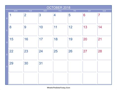 2018 October Calendar With Week Numbers Whatisthedatetodaycom