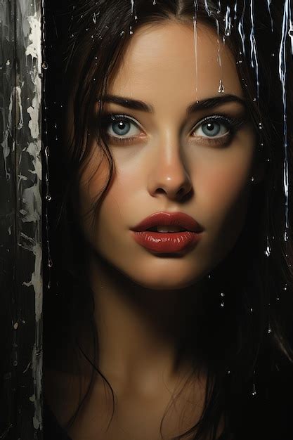 Premium Ai Image Touches Woman Wet Hair Blue Eyes Standing Shower Perfect Lips Muck Rain Hight