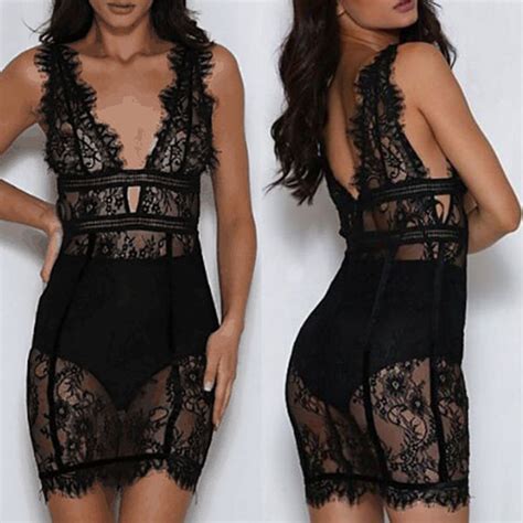 Sexy Backless Deep V Neck Sleeveless Slim Fit Lace Dress