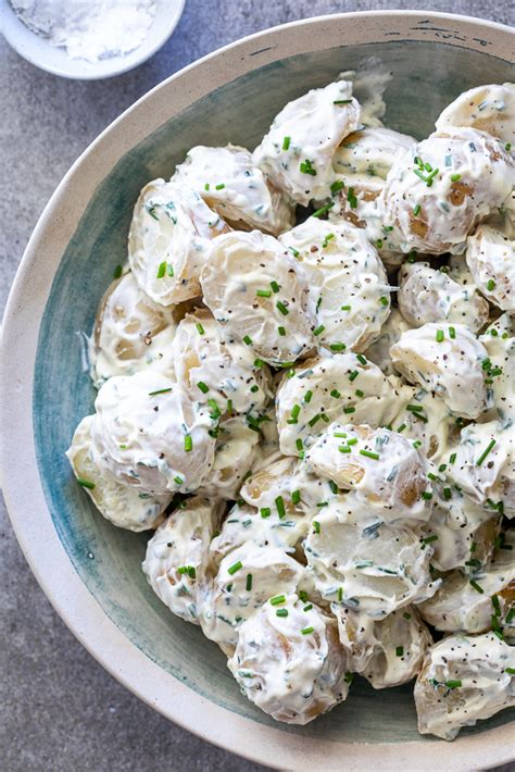 Red potatoes and lots and lots of snipped chives give this simple potato salad pizzazz. Easy sour cream potato salad - Simply Delicious