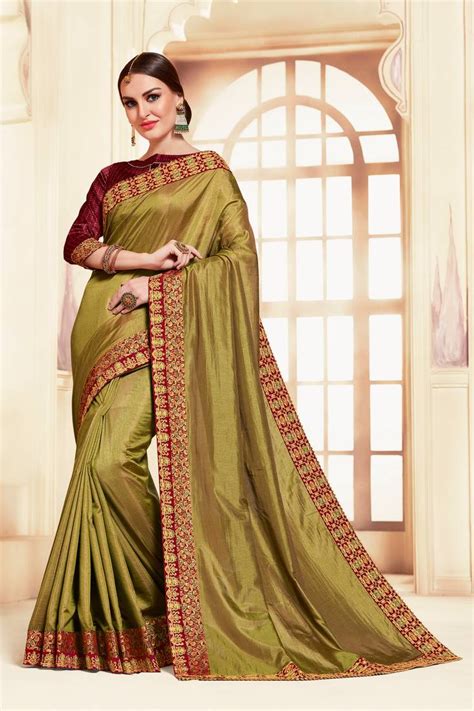 Indian Women Olive Green Poly Silk Embroidered Work Designer Saree Indian Women Fashions Pvt
