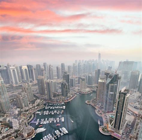 Aerial View Of Dubai Marina Buildings At Dusk Stock Photo Image Of