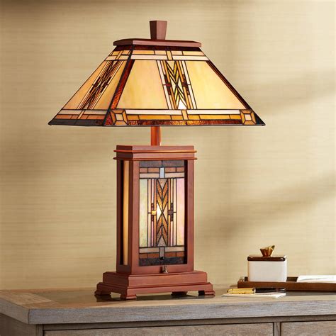 buy walnut mission collection rustic table lamp with nightlight 27 tall wood base tiffany style