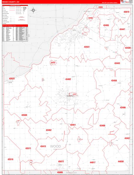Wood County Oh Zip Code Wall Map Red Line Style By Marketmaps Mapsales