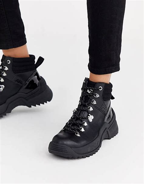 karl lagerfeld lace up hiker boots in black leather asos