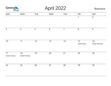 Botswana April 2022 Calendar With Holidays