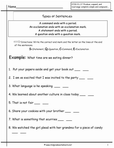 Types Of Sentences Worksheet Grade
