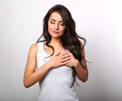 Beautiful Woman In Love Holding Herself Chest And Heart Two Hand Stock