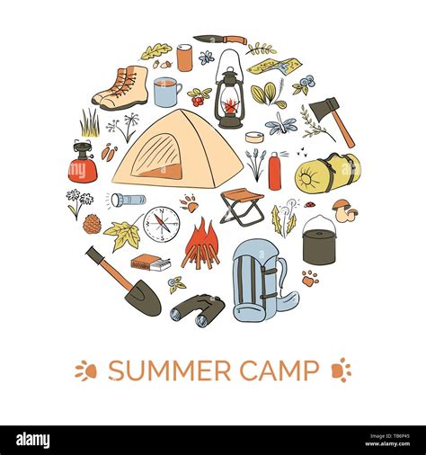 Camping Card Template Bubble Shape Summer Camp Hiking Icons Colored