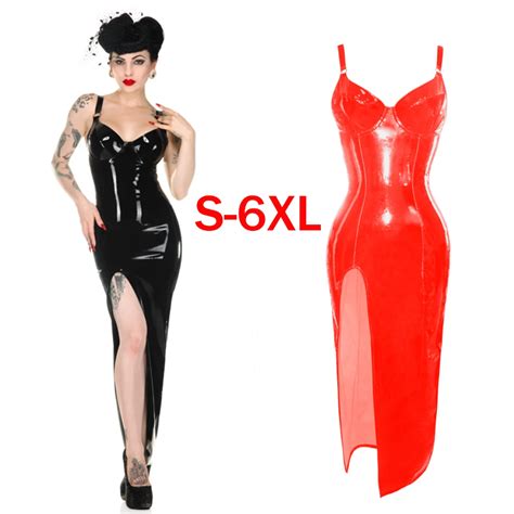 new arrival black red women sexy pvc dress bodycon clubwear lady fetish catsuit splited long