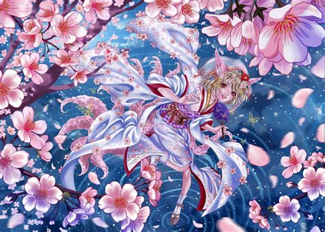 Download 1600x900 Anime Girl Kimono Animal Ears Cherry Blossom