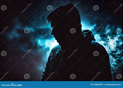 Silhouette Of A Hacker In A Hood With Binary Code On A Luminous Purple