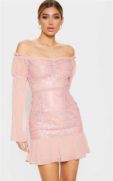 Caris Dusty Pink Long Sleeve Lace Bodycon Dress Lace Dresses Lace