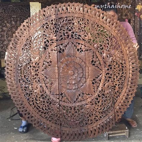 Round Mandala Carved Wood Wall Art Lotus Flower Teak Panel Etsy