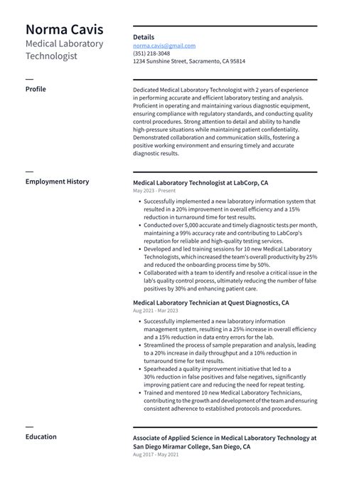 Medical Laboratory Technologist Resume Examples And Templates