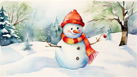 A Cheerful Snowman With A Hat And Scarf Stands In A Snowy Landscape