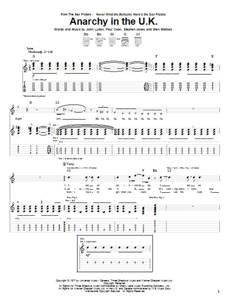 Anarchy In The Uk By Sex Pistols Guitar Tab Guitar Instructor