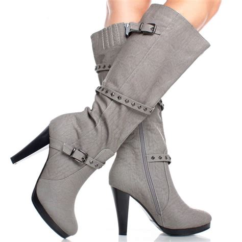 Light Gray Distressed Women Platform Chunky High Heel Knee High Boots
