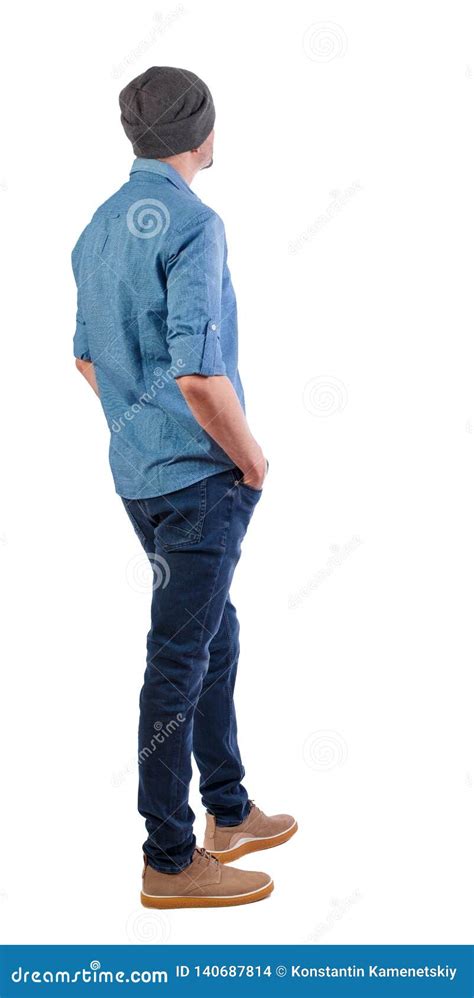 Back View Of Man In Dark Jeans Standing Young Guy Rear View People