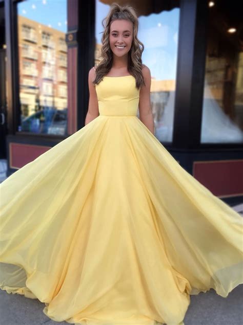 A Line Yellow Backless Floor Length Prom Dresses Long
