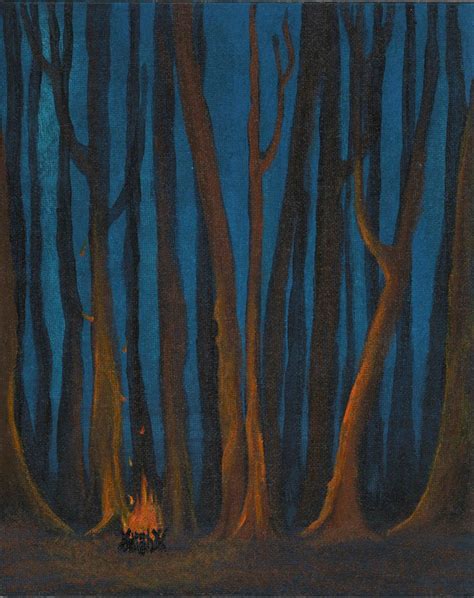 Nature Painting Cozy Campfire Fire Woods Trees Forest Night