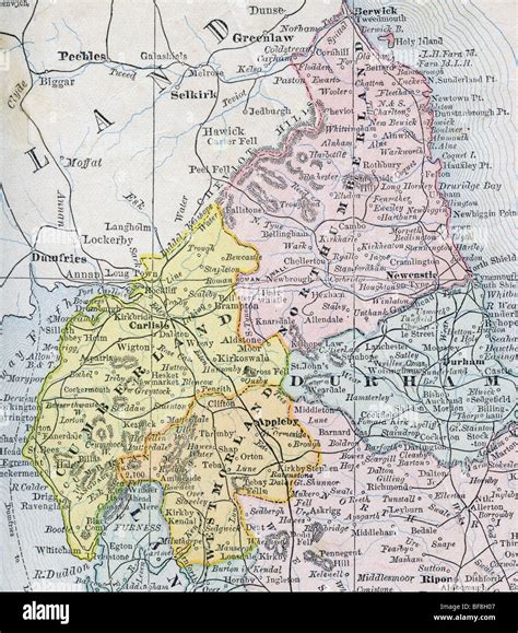 Original Old Map Of Northern England From 1884 Geography Textbook Stock