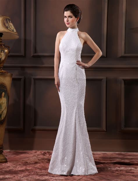 Glamorous White Sequined Halter Sequin Mermaid Wedding Dress For Bride