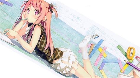Anime Anime Girls School Uniform Plaid Pink Eyes Pink Hair Socks