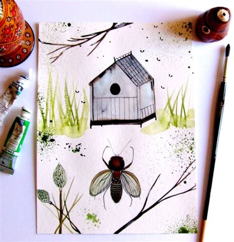 Bee Hive Original Watercolor Painting Ink By Celineartgalerie