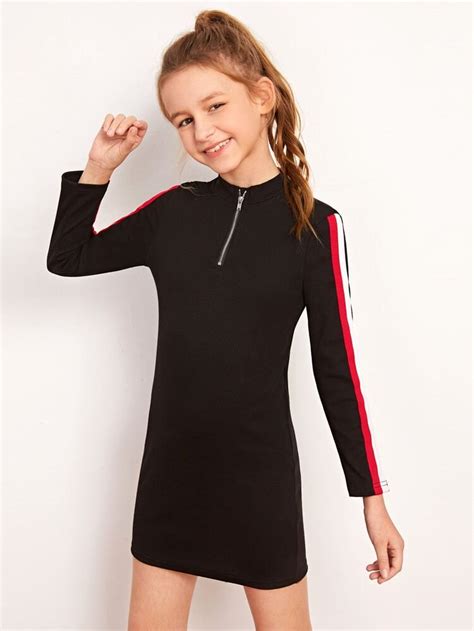 Girls Striped Side Rib Knit Half Zipper Dress Shein Uk In 2021