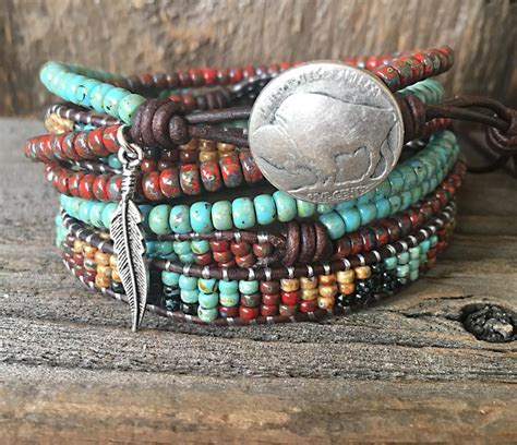 Native American Style Leather Wrap Bracelet Boho Seed Bead Etsy