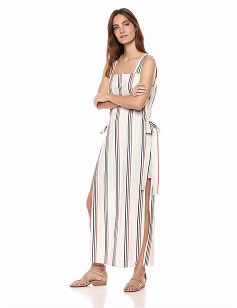 Maxi Sundress With Striped Linen Blend Fabric Side Slits And