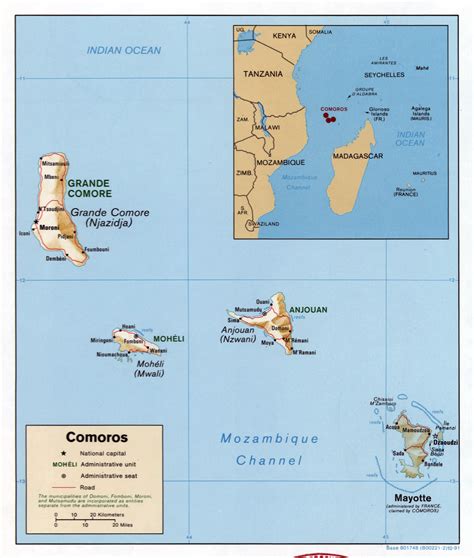 Large Detailed Political Map Of Comoros Islands With Roads Cities And