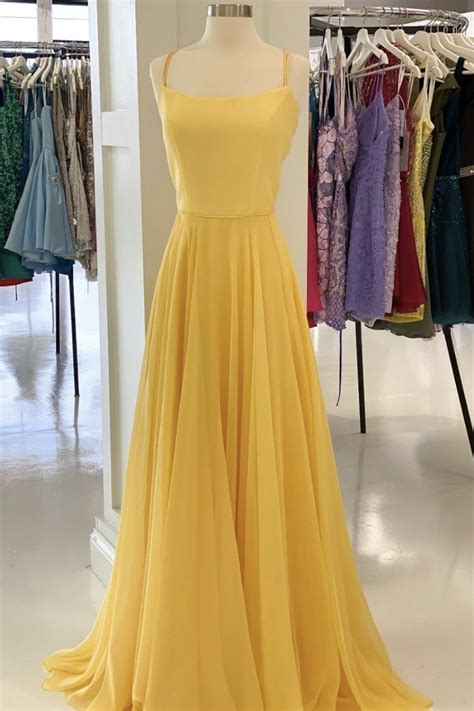 Simple A Line Spaghetti Straps Yellow Long Prom Dress With Ruffle On Luulla