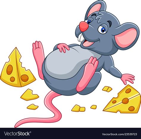 Cartoon Mouse With A Cheese And Full Belly Vector Image