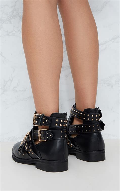 Black Studded Buckle Ankle Boots Prettylittlething Aus