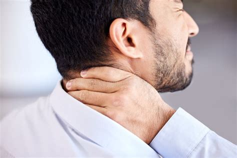 Stress Pain And Sore Neck Closeup Of Businessman Massaging Strained